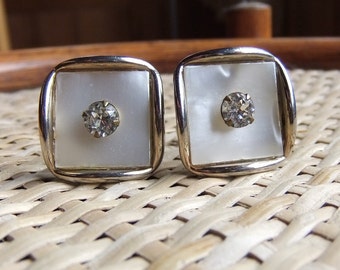 Vintage Mother of Pearl Cuff Links with Rhinestones Polished Gold Tone Excellent Vintage Condition