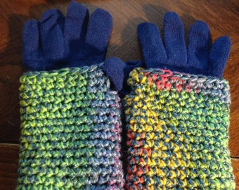 Crocheted Variegated Blue Fingerless Gloves