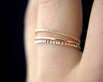 NEW Mixed Texture Gold stacking ring set, gold stack ring, ring set, gold fill set, delicate gold ring, lined ring, twist ring, set of 3