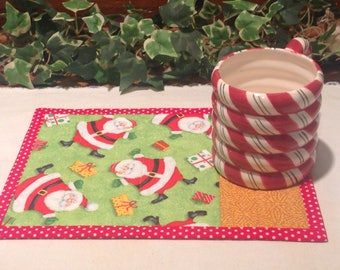 Christmas Quilted Mug Rug - Tumbling Santas Snack Mat Quiltsy Handmade