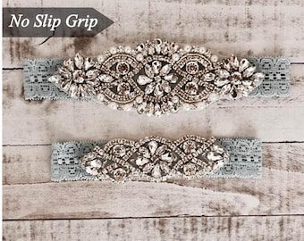 Wedding Garter, NO SLIP Lace Wedding Garter Set, bridal garter set, vintage rhinestones D01S-D02S