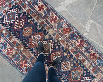 Antique Caucasian 7’11” x 3’9” Quba/Kuba Rug Wool Low Pile Rug 1890's - FREE DOMESTIC SHIPPING