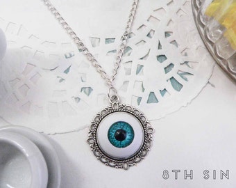 Antique Silver & Blue Eyeball Necklace, Blue Eye Necklace, Evil Eye Necklace, Doll Eye Necklace, Silver Eye Necklace, White Eye Necklace