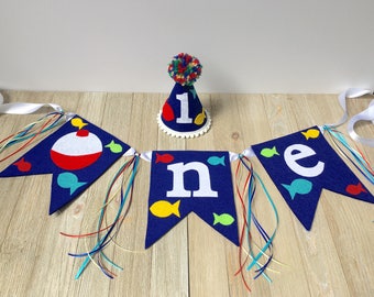 Gone fishing birthday - under the sea birthday - boys birthday hat and banner - fishing first birthday - high chair banner - fishing theme
