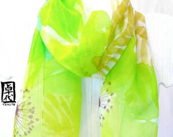 Hand Painted Silk Scarf Chartreuse and Mint Floral Scarf. Green Silk Scarf. Silk Chiffon Scarf. 10x56 in. Made to order.