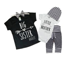 Personalized Big Sister/ Little Brother Shirt / Onesie and Pants Beanie and Headband Set