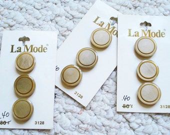 Tan or Beige Vintage Shank Buttons on Cards, 9 matching buttons on 3 cards