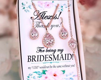 Blush earrings Blush Bridesmaid Earrings Blush bridal jewelry set Bridesmaid gift Blush pink earrings Crystal Earrings with Bridesmaid card
