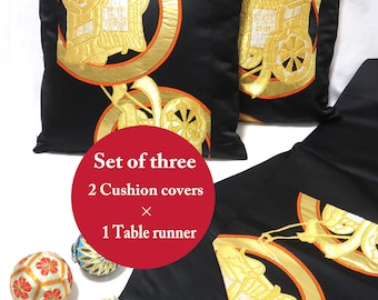 Set of 3/Kimono cushion cover/Japanese obi silk cushion/45×45cm/Kimono pillow case/Vintage Kimono/Set of 2 cushion covers and 1 table runner