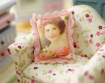 Romantic Victorian Girl & Rose Dollhouse Miniature Pillow 1:12 Scale