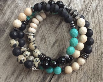 turquoise and black wire bracelet, fall fashion, fall jewelry, memory wire bracelet, handmade beaded bracelet, ready to ship, gifts for her
