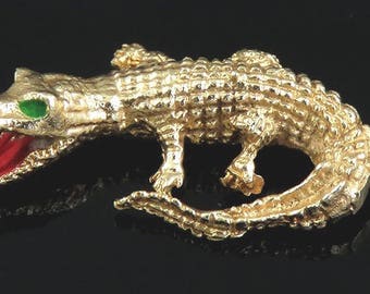 Vintage 14K Yellow Gold & Enamel Realistic Alligator/Crocodile Bracelet Charm