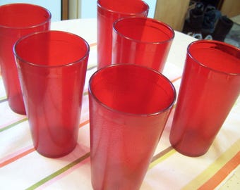 6 RED 1970's Texanware Textured Plastic Tumblers/Drinking Glasses, Texas Ware