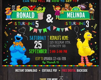 Sesame Street Birthday Invitation for Twins, Sesame Street Invitation, Sesame Street Party Invitation, Siblings Birthday Invitation Two Kids