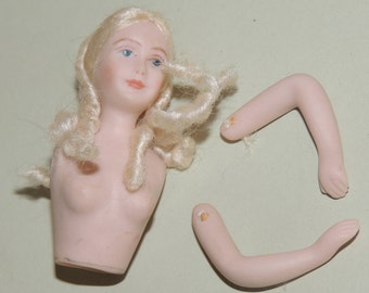 Miniature Handpainted Bisque doll head/partial body with arms