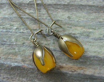 Yellow Jade Dangle Earrings/Natural Stone Earrings/ Yellow Jade and Brass Pod Earrings/