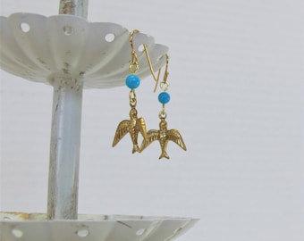 Victorian-Style Bird & Genuine Turquoise Earrings, Gold-Plated Earwires, Civil War Appropriate