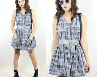 Flannel Early 90s Sleeveless Cotton Grunge Babydoll Dress, Plaid Cut-Off Pocket Dress, 90s Button-Down Mini Dress, Women's Size Medium