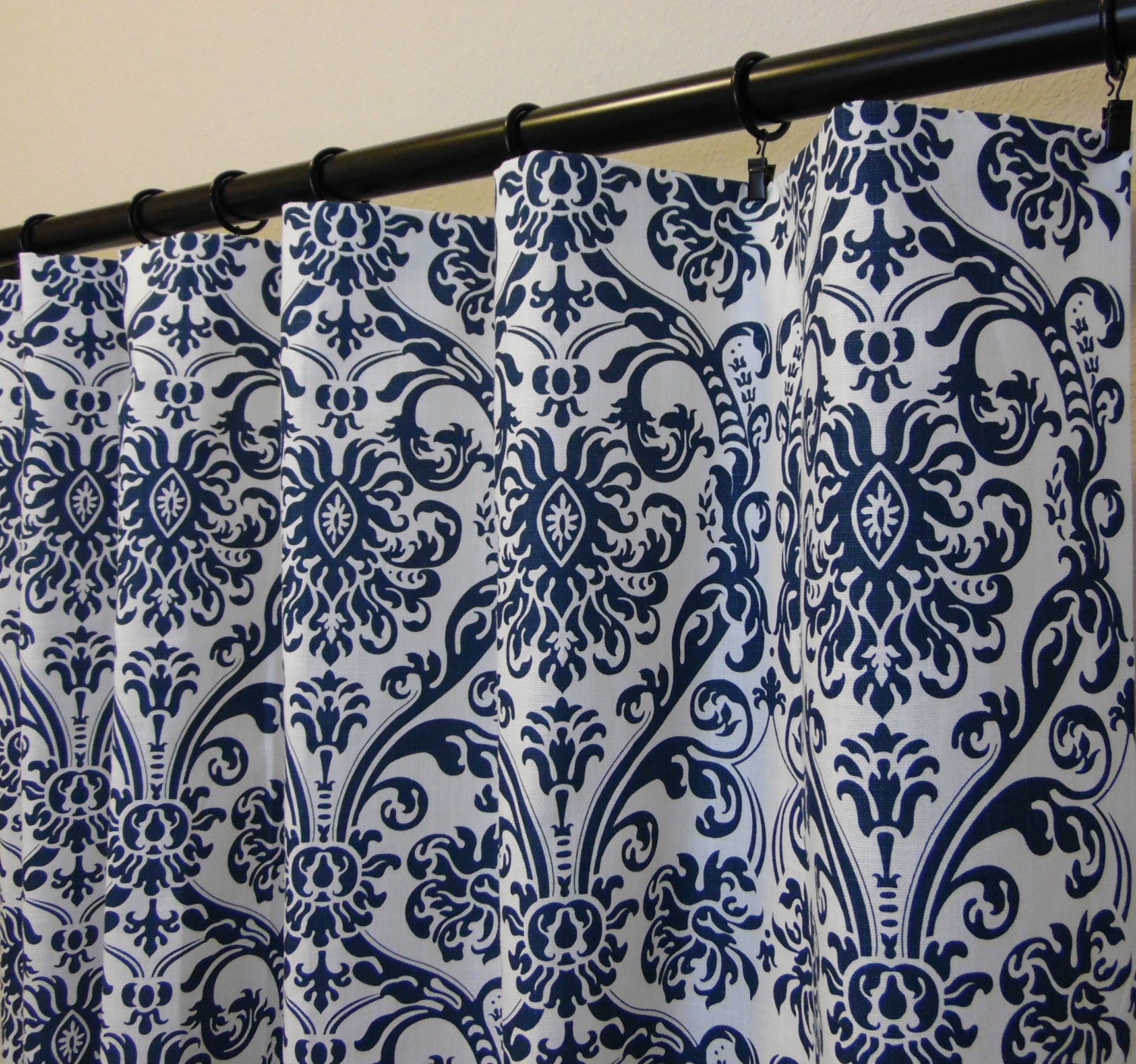 Navy Blue White Abigail Damask Curtains Rod Pocket Top in 63