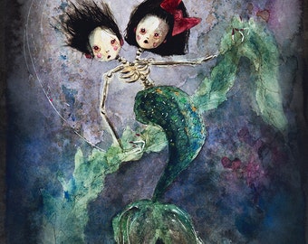 Skeletal Mermaid Twins (print of my original painting)
