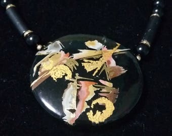 Vintage Painted Ceramic with metal and plastic beads Asian look pendant necklace