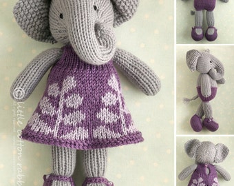 Toy knitting pattern for a girl elephant in a frondy frock