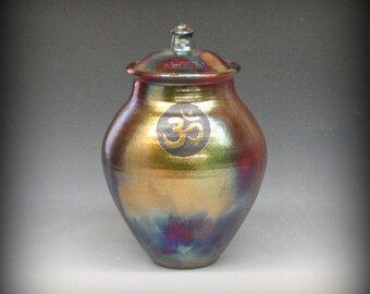 Raku Urn or Lidded Vase with OM Symbol