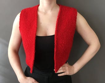 60s 70s Rouge Pout Vest - 1960s 1970s Red Crop Vest - Sleeveless Top Jacket - Open Red Textured Jacket - Red Crop Top - Small Medium