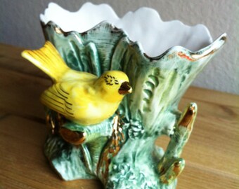 A Porcelain Vase With A Tropical Yellow Bird With A Sticker That Reads Ucagco Ceramics Japan