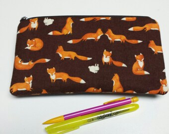 Fox Zipper Pouch, Fox Pencil Case, Fox Medication Bag, Fox Gadget Bag, Fox Marker Case, Fox Pouch, Fox Cosmetic Bag, Nylon Lining.
