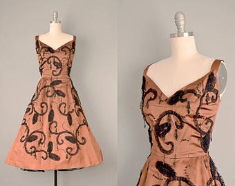 50s Dress // 1950’s Copper Silk Satin dress w/ Jet Beading and Lace Appliqué // XS
