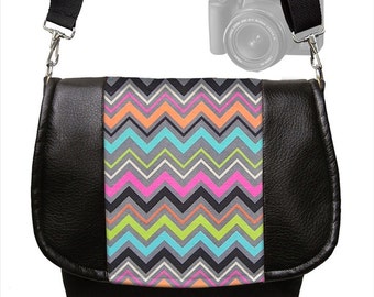 Chevron Dslr Camera Bag Purse Slr Vegan Leather Camera Bag colorful pink orange blue gray Zipper Padded Deluxe Model RTS
