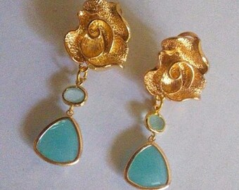 Rose flower Aqua chalcedony Chanel style gold plated stud clip on earrings Mint green Dangle elegant jewelry Gift for women girlfriend mom