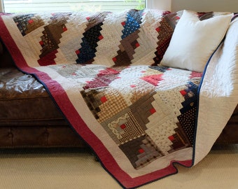 Vintage Queen Size Quilt // Handmade Log Cabin Patchwork Quilt // Repaired // Housewarming Gift // Free Shipping