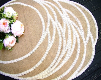 Round Burlap Placemat Circular Wedding Centerpiece Burlap and ivory lace Holiday Table Mat Country Table Topper Rustic Chic Decor