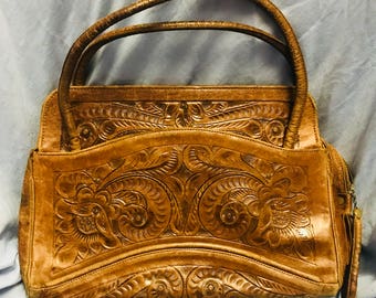 Vintage leather tooled handbag purse 1970s 70s hippie flowers handmade