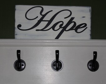 Hope Sign, Handmade White Distressed Rustic Wood Sign, Home Wall Decor 11.75" x 5.5" Art Wooden Signs by Leigh Bradford