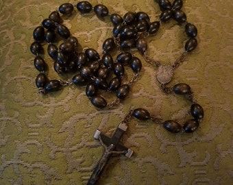 Vintage Black Beaded Wooden Wood Beads Rosary Crucifix, 38 inches long