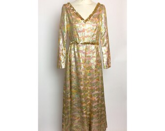 1970's Norman Norell Evening Gown / Vintage Designer Mid Century Metallic Pink Hollywood Gown / Betty Draper