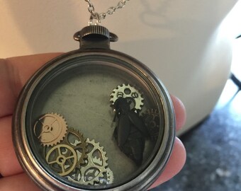 Pocket Watch Necklace with Beetle and Gears