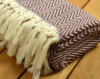 SALE %50 Personalized Burgundy Herringbone Design Cotton Blanket - Peshtemal Throw - 52"X72" -130cmx180cm-Monogrammed Embroidered