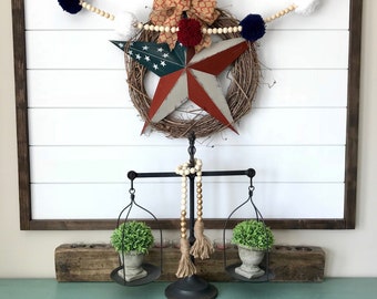 Pom Pom Garland. Wood Bead Garland. 4th of July decor. 4th of July garland. Farmhouse garland. Farmhouse decor. Nursery decor. Yarn pom poms