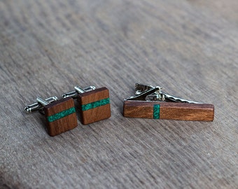 Wooden TIE bar CUFFLINKS Set - Malachite inlay walnut Tie bar/Cufflinks Set Wedding Cufflinks | groomsmen cufflinks | gift for men