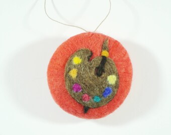 Christmas Ornament - Needle Felted - Artist Palette on Red Orange - Needlefelt Ornament - Felt Christmas - Christmas Gift - Decoration