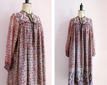 Vintage 1970s 80s Indian cotton gauze floral dress - Hippie ethnic Indian cotton dress - Bohemian boho dress - Vintage India gauze dress