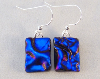 Blue Dichroic Fused Glass Dangle Earrings, Fused Glass, Fused Glass Earrings, Glass Earrings, Dichroic Earrings, Dichroic, Dangle Earrings