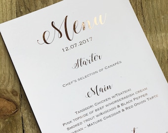 Personalised elegant wedding rose gold foil menus- wedding menus, rose gold foil