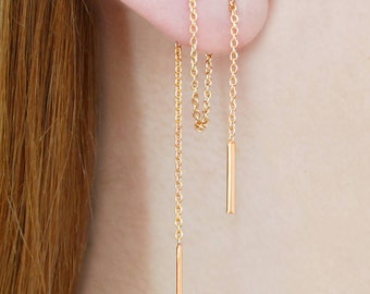 Rose Gold Chain Threader Earrings, Rose Gold Earrings, Dangle Earrings, Rose Gold Jewelry, Edgy Earrings, Drop Earrings, Gifts Under 20,LONG