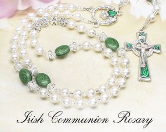 Irish Communion Rosary Personalized with Solid Sterling Silver 925 stamped Letters and Swarovski Pearls ideal First Holy Communion gift