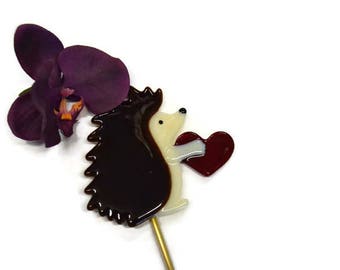 Hedgehog Plant Stake, Fused Glass, Valentine's Day Gift, Holding Heart, Garden Stake, I Love You Gift, Anniversary Gift, Engagement Gift